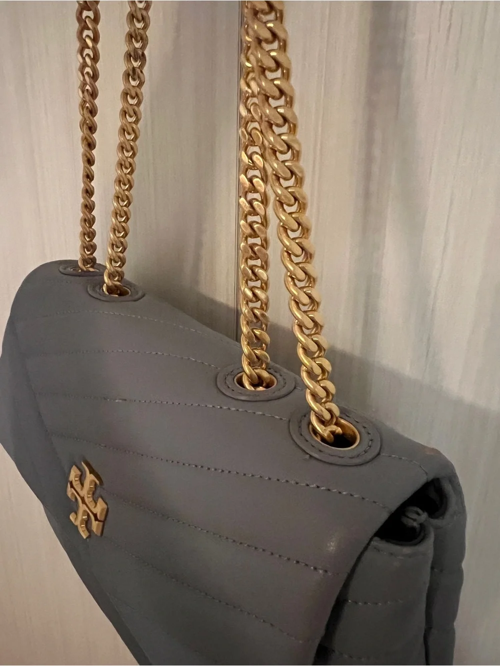 Tory Burch Quilted Light Blue Shoulder Bag with Gold Chain